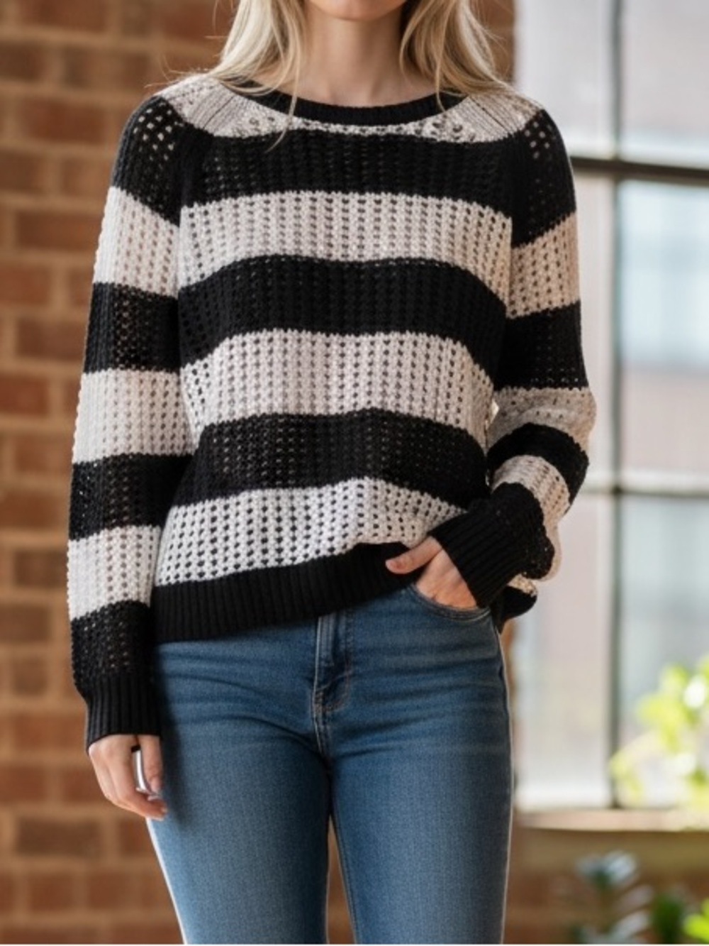 a.n.a Black and White Striped Open-Knit Sweater
